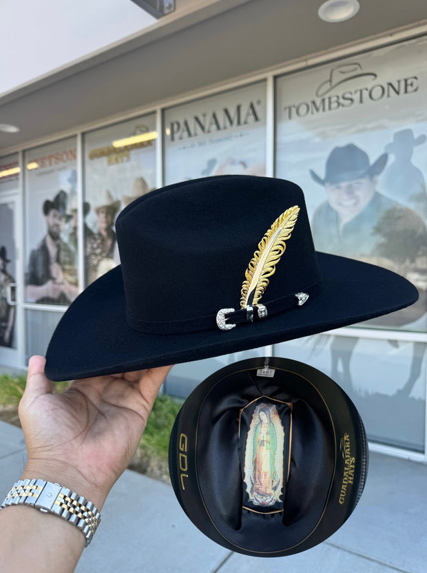 Tejana Virgen Guadalupe 100x Copa Chica Falda 3.5" (Guadalajara Hats) (Pluma Oro)