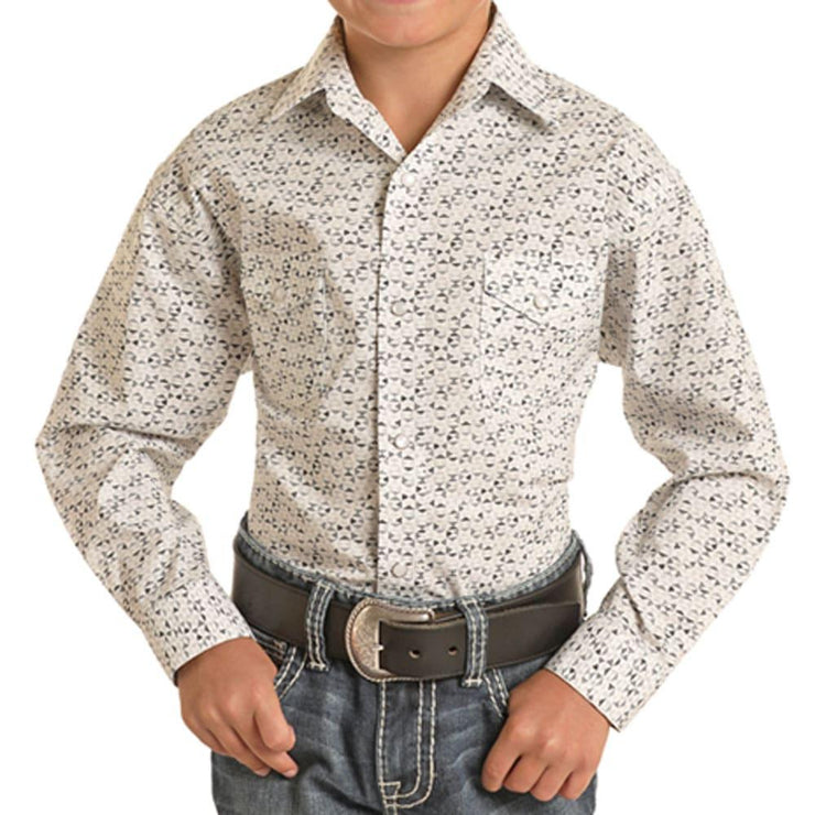 Panhandle Rough Stock Kid's Geo Print Long Sleeve Snap Shirt - White