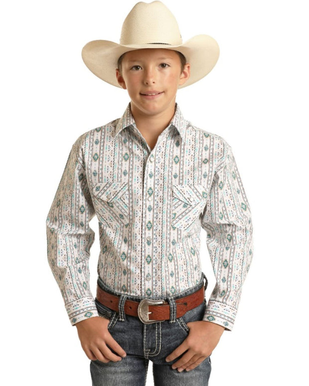 Panhandle Rough Stock Kid's Aztec Print Long Sleeve Snap Shirt - Turquoise