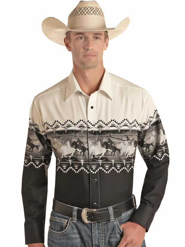 Panhandle Men's Black Long Sleeve Pearl Snap Stretch Western Shirt