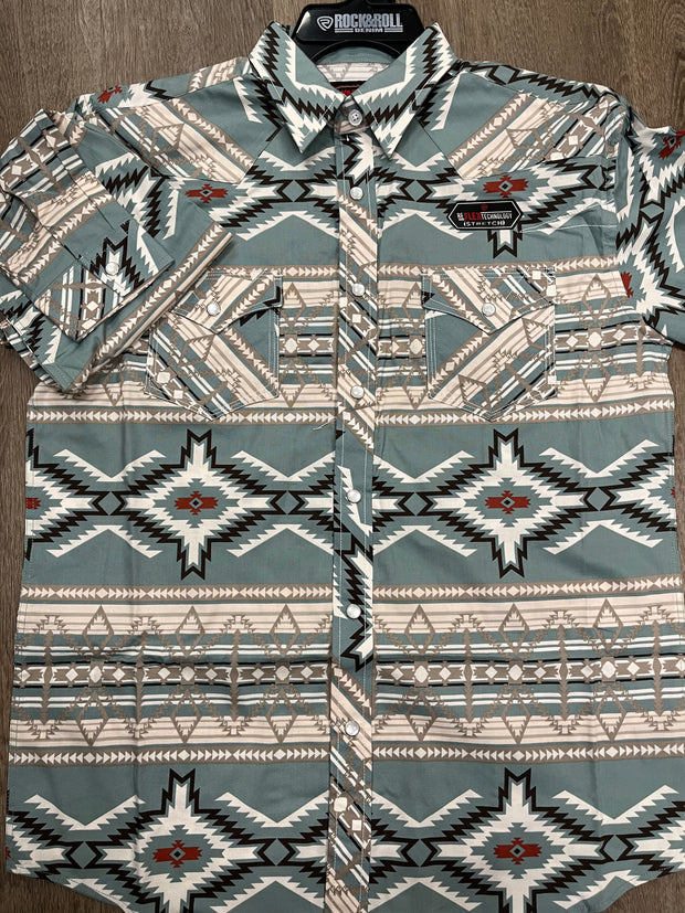 Rock&Roll Kid's Aztec Pattern Long Sleeve Snap Shirt - Aqua