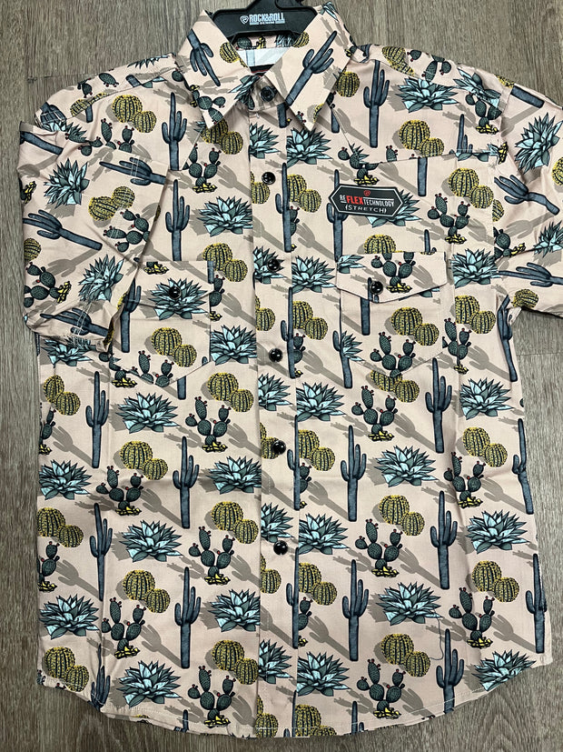 Rock&Roll Kid's Cactus Print Short Sleeve Snap Shirt - Navy/Beige