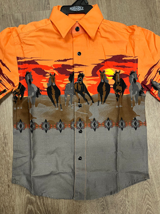 Panhandle Kid's Snap Long Sleeve Sunset Print Shirt - Orange/Grey