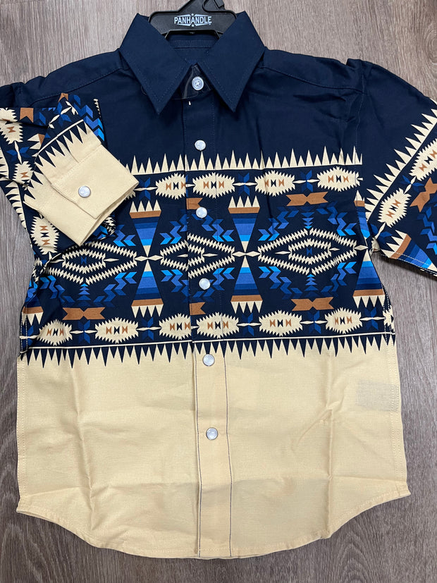 Panhandle Kid's Long Sleeve Aztec Border Shirt - Navy/Beige