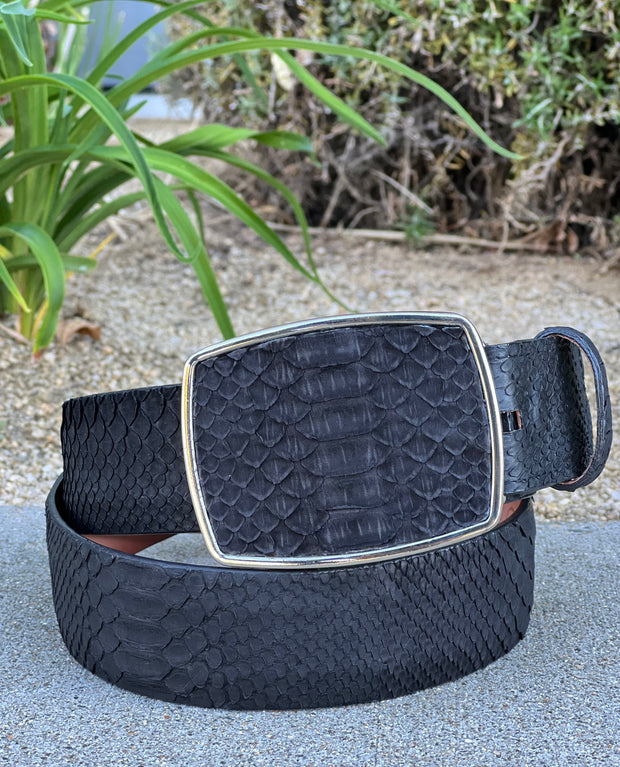 Los Altos Suede Black Python Cowboy Belt (Silver Buckle)