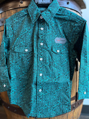 Panhandle Rough Stock Kid's Paisley Print Long Sleeve Snap Shirt - Green/Teal