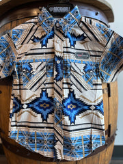 Panhandle Rough Stock Kid's Aztec Print Short Sleeve Snap Shirt - Green/Teal