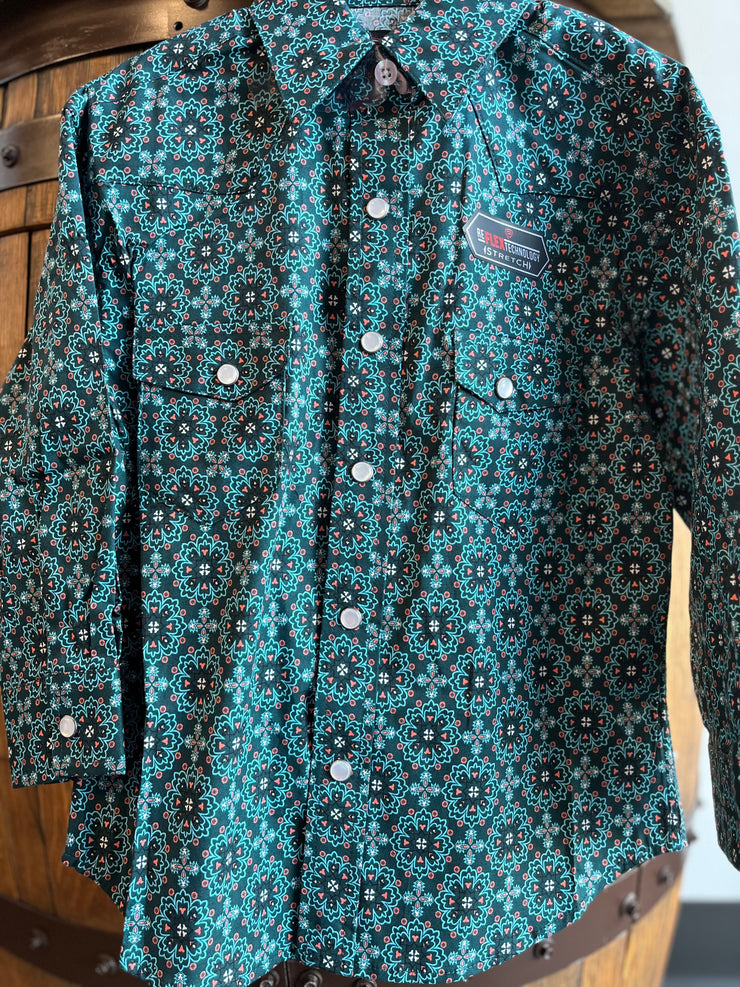 Panhandle Rough Stock Kid's Teal Medallion Print Long Sleeve Snap Shirt - Green/Teal