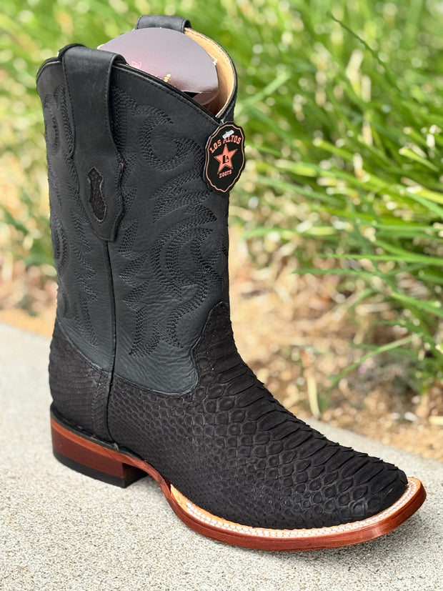 Los Altos Black Suede Finish Python Wide Square Toe Cowboy Boots