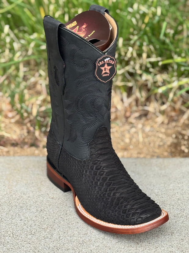 Los Altos Black Suede Finish Python Wide Square Toe Cowboy Boots