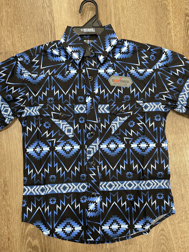 Panhandle Rough Stock Kid's Aztec Dark Blue Long Sleeve Snap Shirt - BLUE