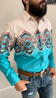 Panhandle Men's Border Print Long Sleeve Pearl Snap Stretch Western Shirt