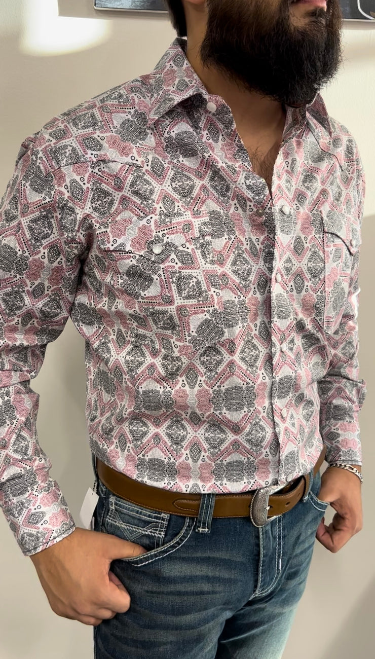 Panhandle Men's Burgundy Long Sleeve Pearl Snap Stretch Western Shirt