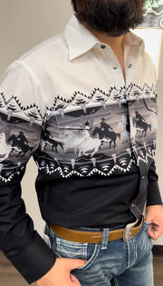 Panhandle Men's Black Long Sleeve Pearl Snap Stretch Western Shirt