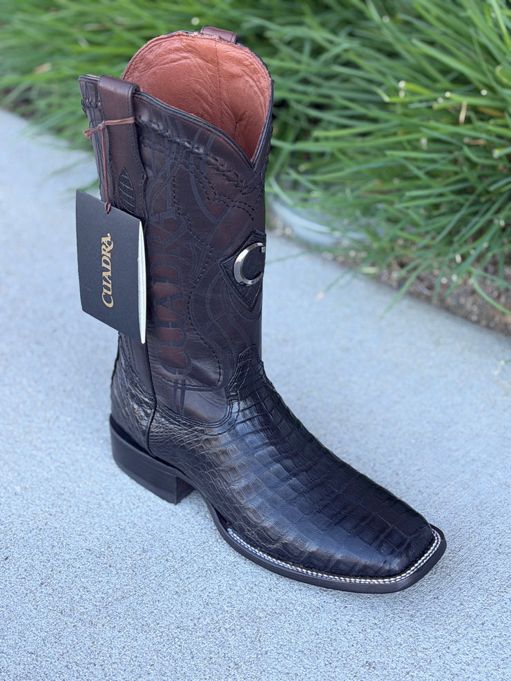Cuadra Black Caiman Belly Wide Square Toe Cowboy Boot