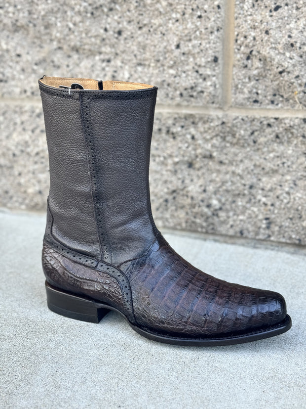 Botin Elegante Piel de Caiman con Cierre - CAFE