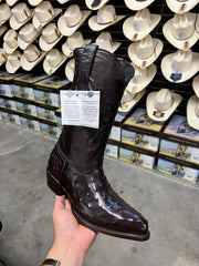 White Diamond Ostrich Print Men's J Toe Boots - Dark Brown (Bota Clasica)