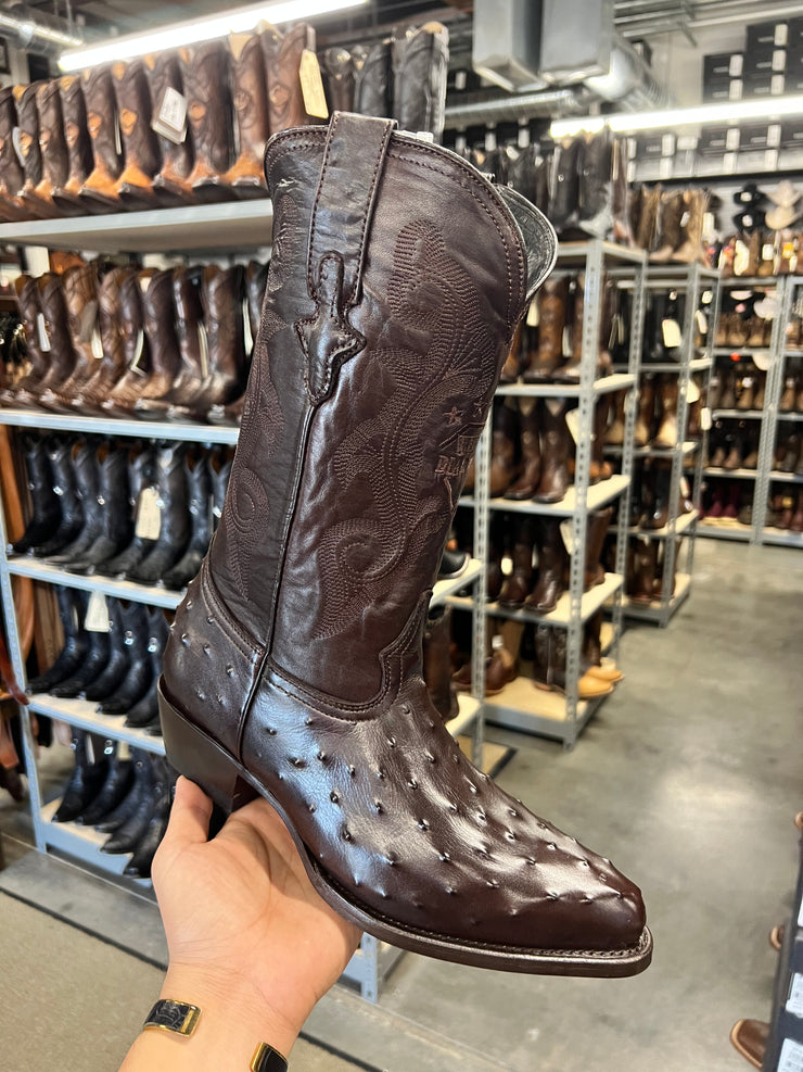 White Diamond Ostrich Print Men's J Toe Boots - Dark Brown (Bota Clasica)