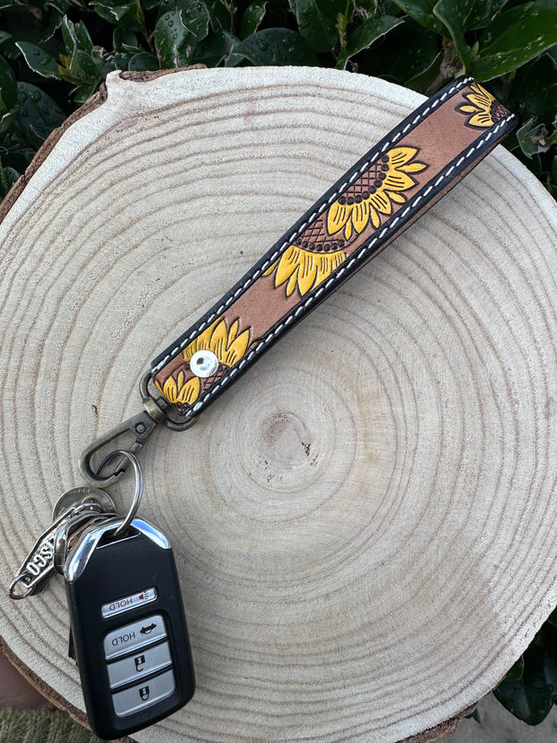 Sunflower Tooled Leather Keychain
