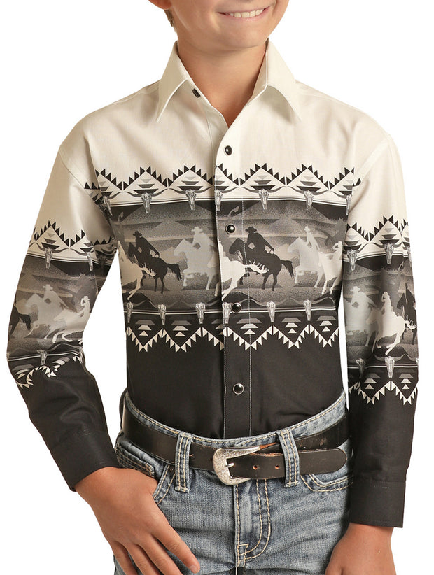 Panhandle Rough Stock Kid's Bronco Long Sleeve Snap Shirt - White/BLK