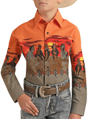 Panhandle Kid's Snap Long Sleeve Sunset Print Shirt - Orange/Grey