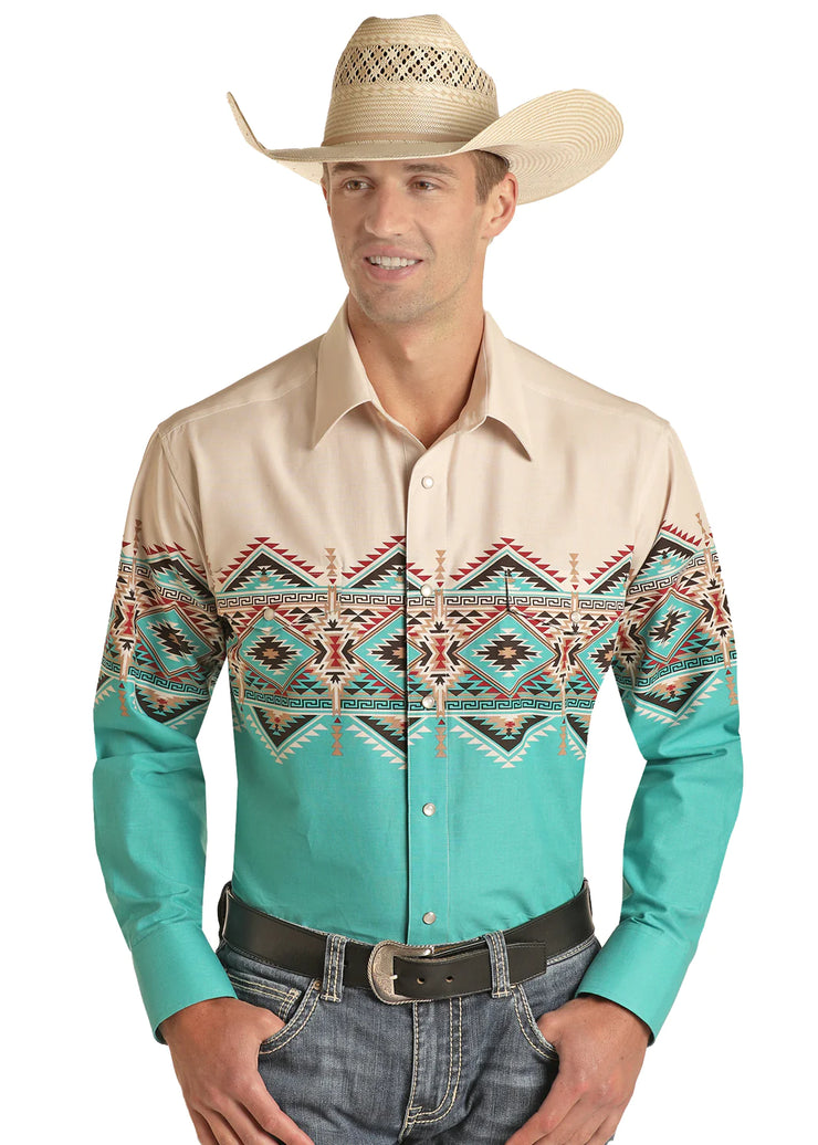 Panhandle Men's Border Print Long Sleeve Pearl Snap Stretch Western Shirt