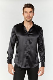 Platini Men's Satin Black Dress Shirt - SJL7662 (Plus Size)