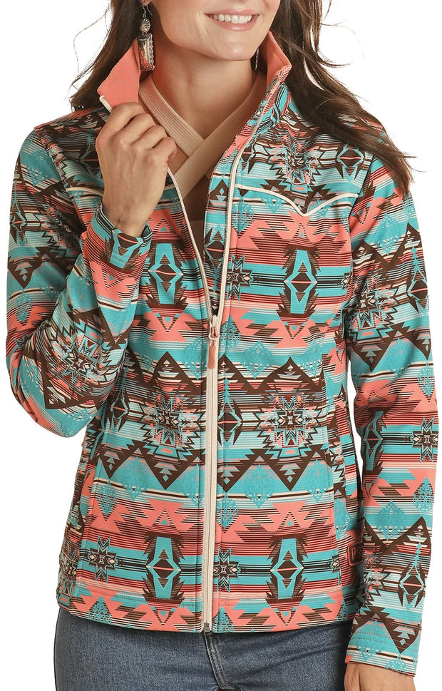 TURQUOISE AND PINK AZTEC SOFTSHELL JACKET