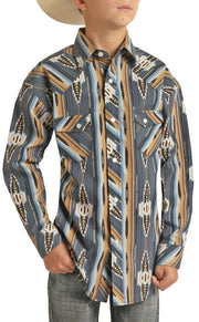 Rock&Roll Kid's Aztec Pattern Long Sleeve Snap Shirt - Navy/Beige