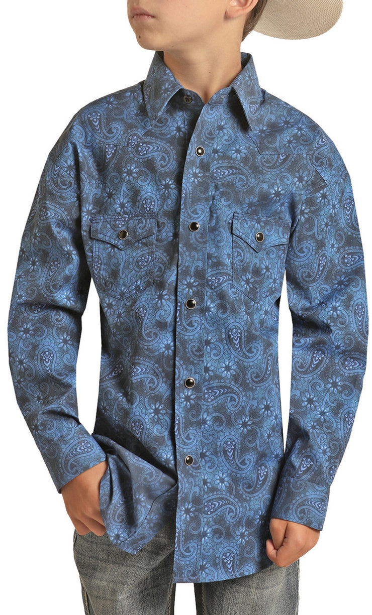 Rock&Roll Kid's Paisley Pattern Long Sleeve Snap Shirt - Navy