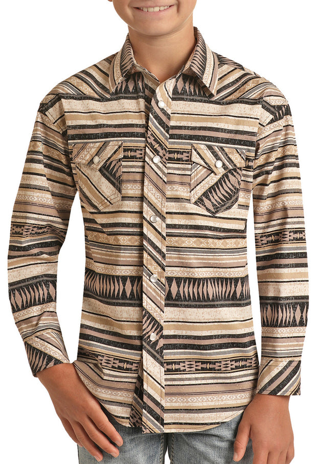 Rock&Roll Kid's Aztec Pattern Long Sleeve Snap Shirt - Brown