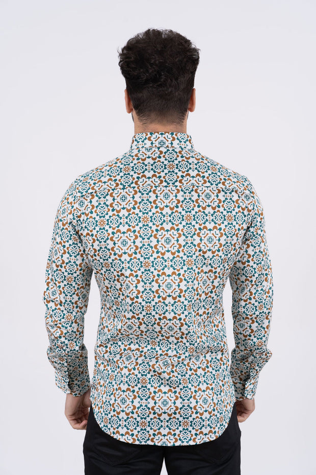 Small Print Satin Cotton/Spandex Platini Men's Long Sleeve Shirt - TKL8902 (Plus Size)