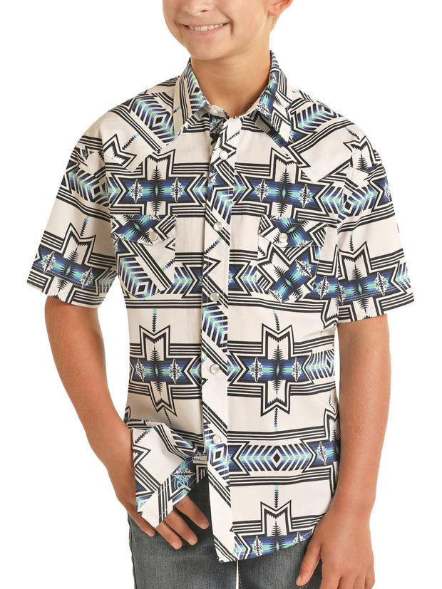 Panhandle Rough Stock Kid's Aztec Print Short Sleeve Snap Shirt - Green/Teal