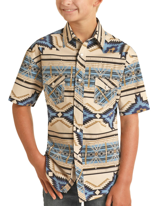 Panhandle Rough Stock Kid's Aztec Print Short Sleeve Snap Shirt - Beige/Blue