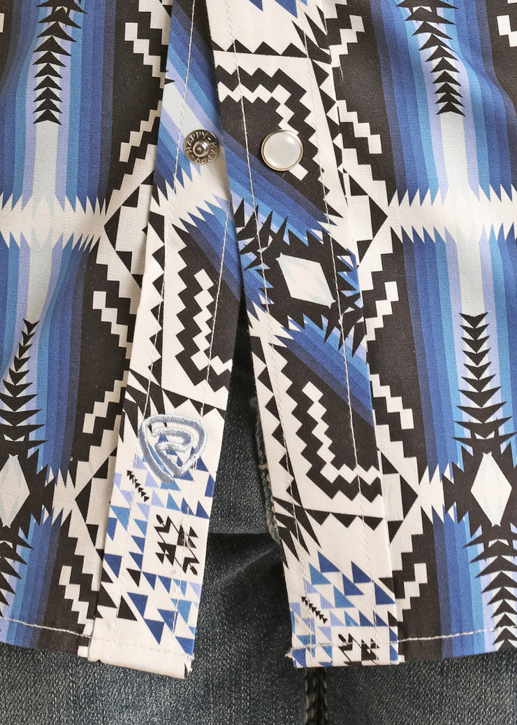 Panhandle Rough Stock Kid's Aztec Print Long Sleeve Snap Shirt - BLUE