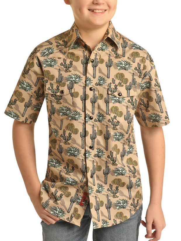 Rock&Roll Kid's Cactus Print Short Sleeve Snap Shirt - Navy/Beige