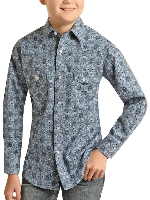 Rock&Roll Kid's Medallon Pattern Long Sleeve Snap Shirt - Navy
