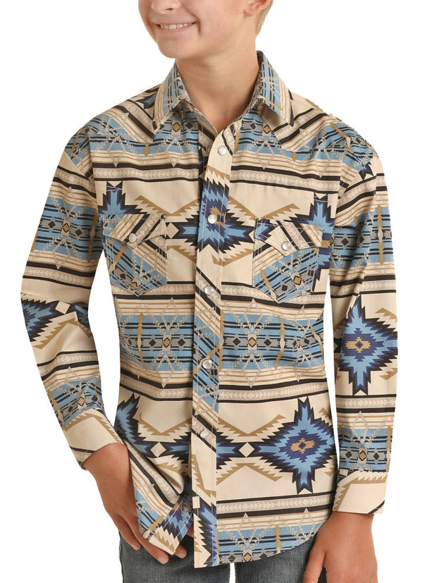 Panhandle Rough Stock Kid's Aztec Print Long Sleeve Snap Shirt - Beige/Blue