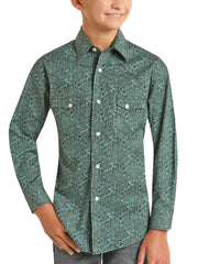 Panhandle Rough Stock Kid's Paisley Print Long Sleeve Snap Shirt - Green/Teal