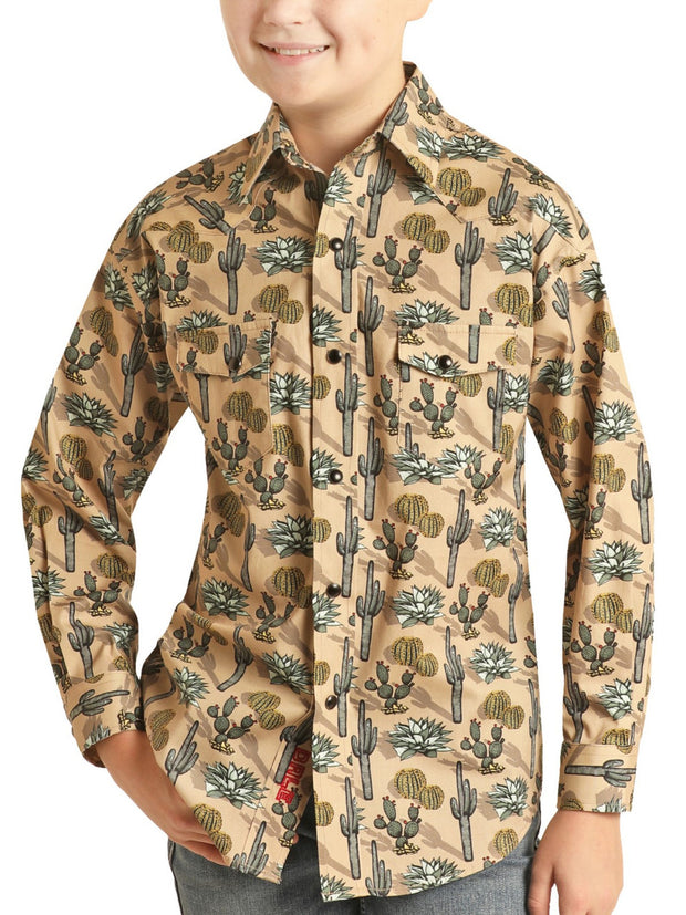 Panhandle Rough Stock Kid's Cactus Print Long Sleeve Snap Shirt - Beige