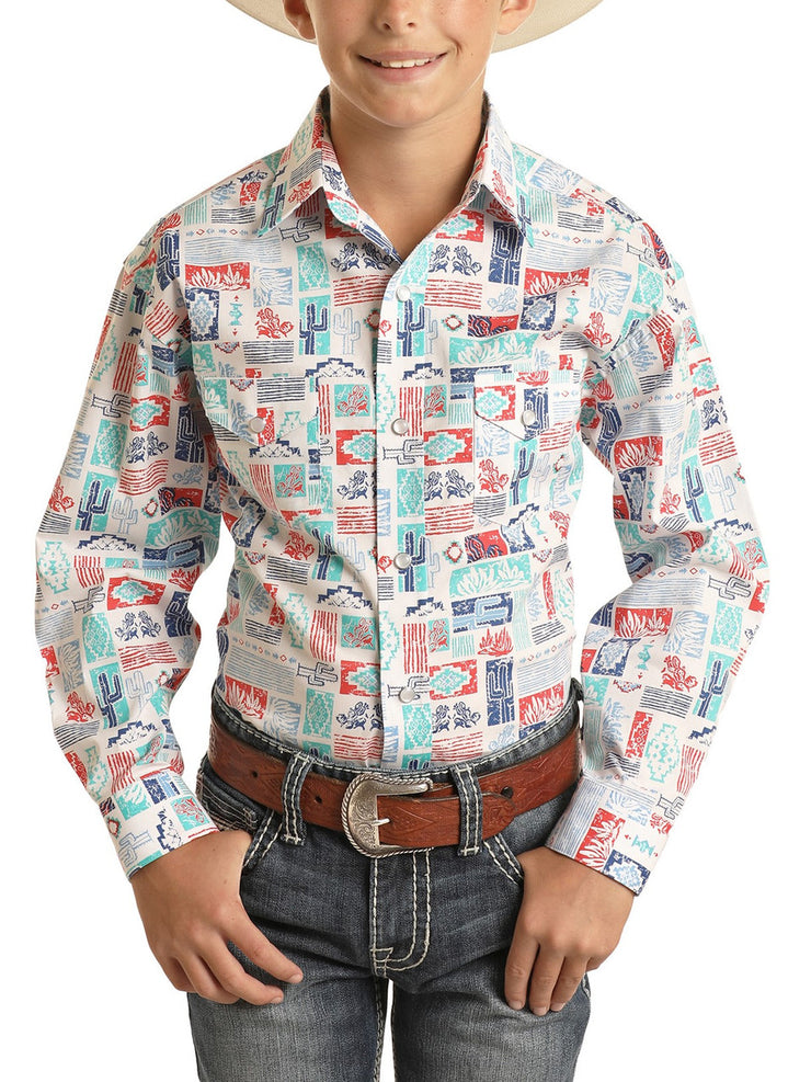 Panhandle Rough Stock Kid's Desert Print Long Sleeve Snap Shirt - BLUE/White