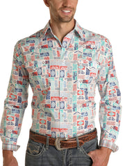 Panhandle Men's Distressed Desert Print Long Sleeve Pearl Snap Stretch Western Shirt