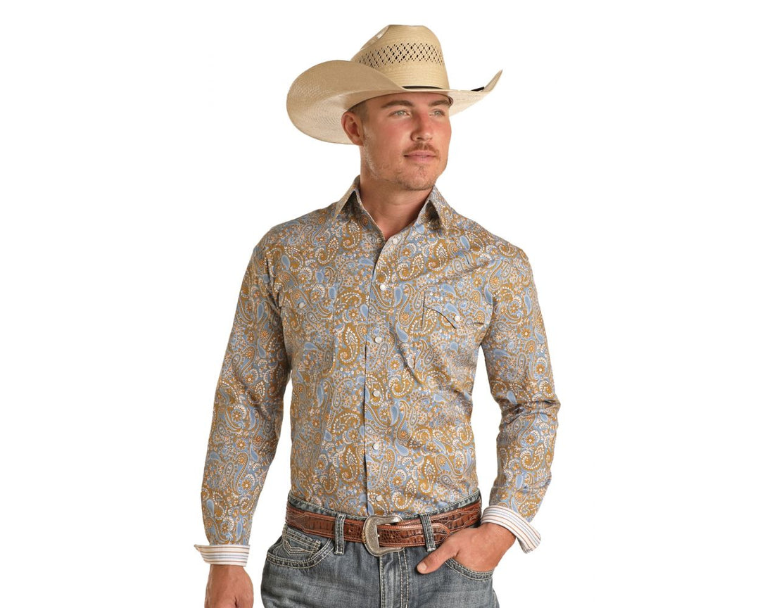 Panhandle Men's Floral Paisley Print Long Sleeve Pearl Snap