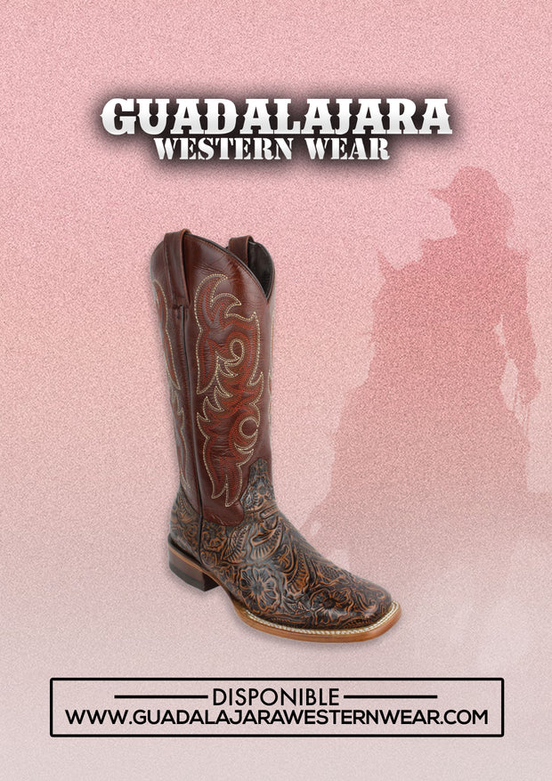 Reywelt Leather Tooled Print Square Toe Tall Cowgirl Boots