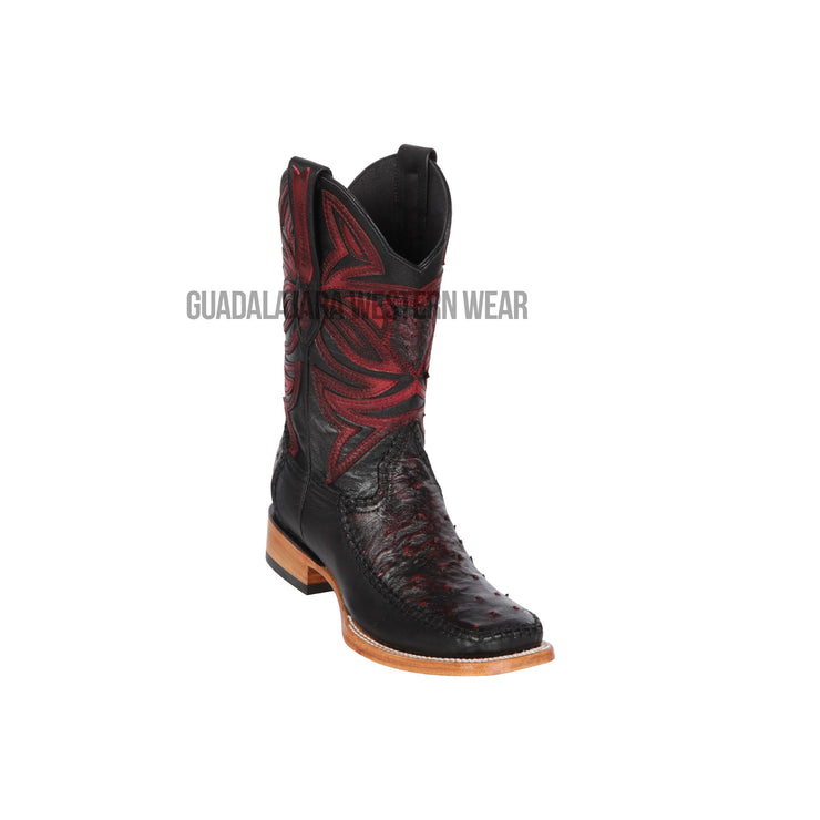Los Altos Black Cherry Ostrich & Deer Wide Square Toe Cowboy Boots