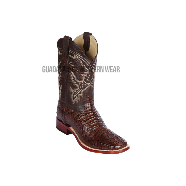 Los Altos Brown Caiman Hornback Wide Square Toe Cowboy Boots