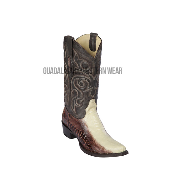 Los Altos Winter White Brown Ostrich Leg Snip Toe Cowboy Boots