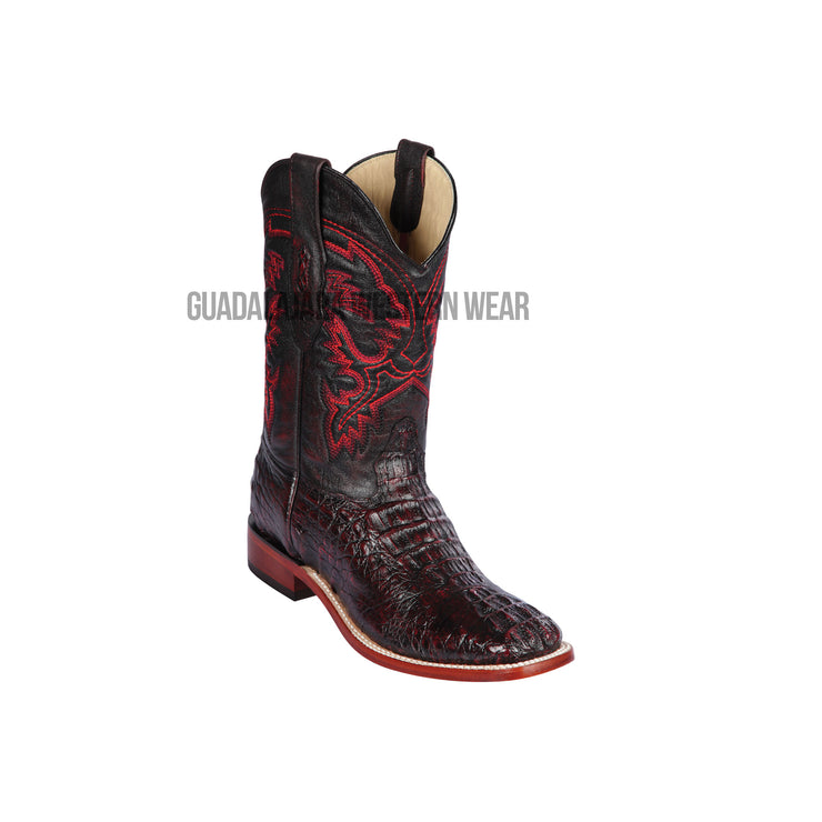 Los Altos Black Cherry Caiman Hornback Wide Square Toe Cowboy Boots