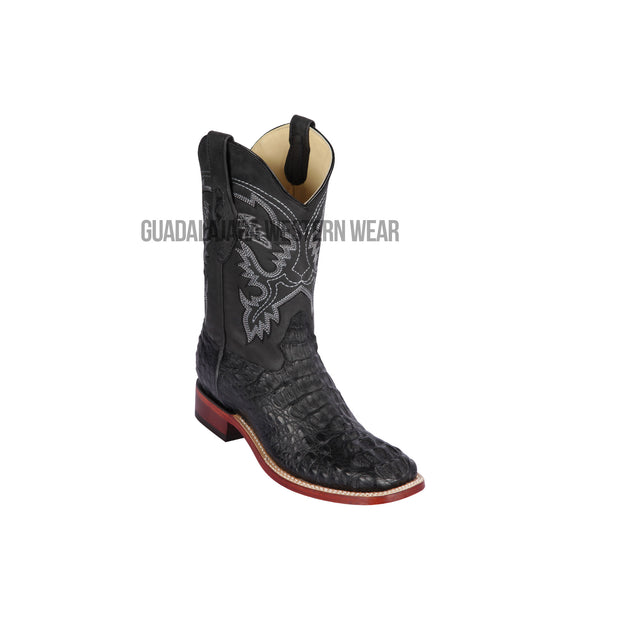 Los Altos Black Greasy Finish Caiman Hornback Wide Square Toe Cowboy Boots