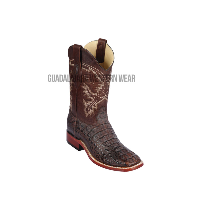 Los Altos Brown Greasy Finish Caiman Hornback Wide Square Toe Cowboy Boots